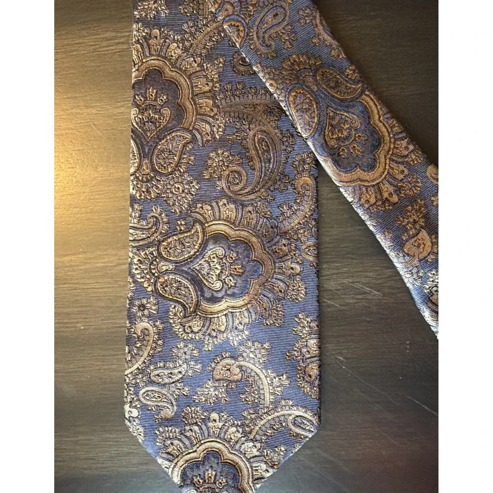 Vintage Faconnable Men's Tie 100% Silk Navy Brown Paisley Hand Made in Italy EUC